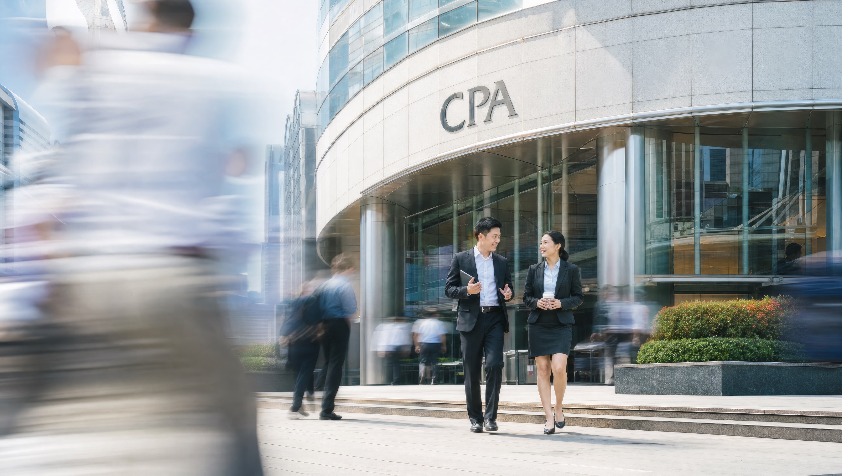 Two accountants walking out of a CPA firm's glass office building